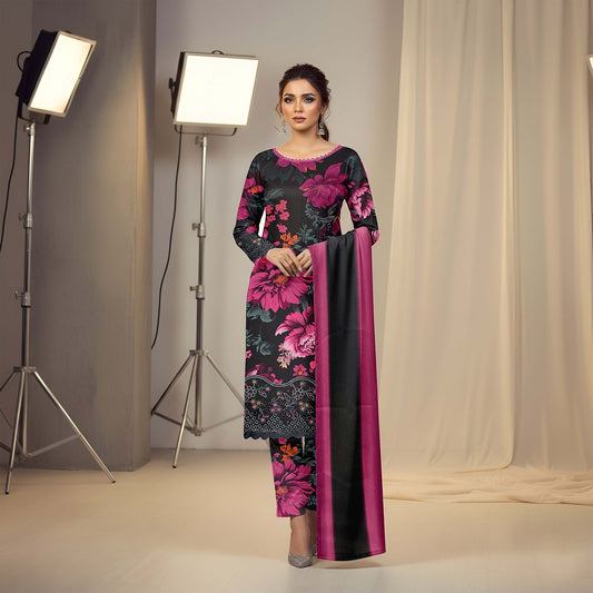 Lawn 3pc chiffon dup Daman+sleeves patch