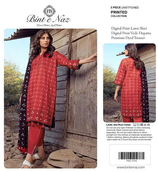 Binte Naz Lawn 3pc Print With Voil Lawn Dup (plain trouser)