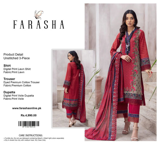 Farasha Lawn 3pc Print Voil Dup (plain trouser)