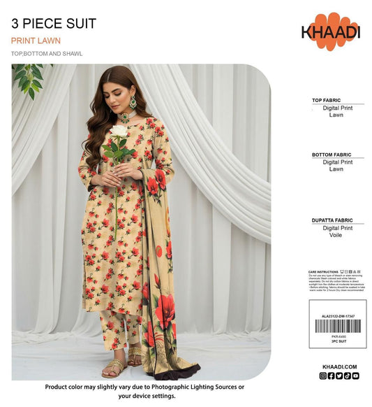 Khaadi Lawn 3pc Printed With Voil Lawn Dup