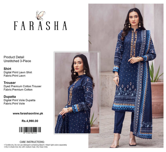 Farasha Lawn 3pc Print Voil Dup (plain trouser)