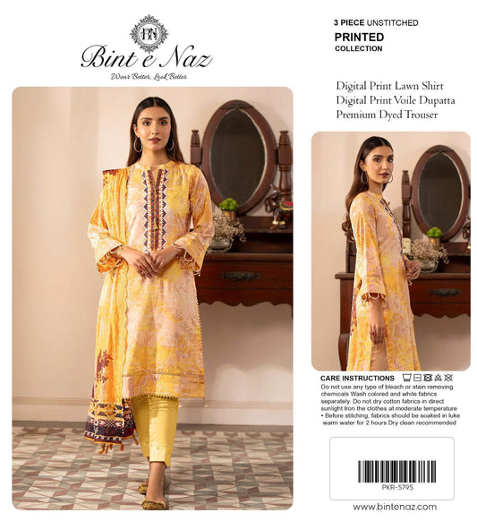Binte Naz Lawn 3pc Print With Voil Lawn Dup (plain trouser)