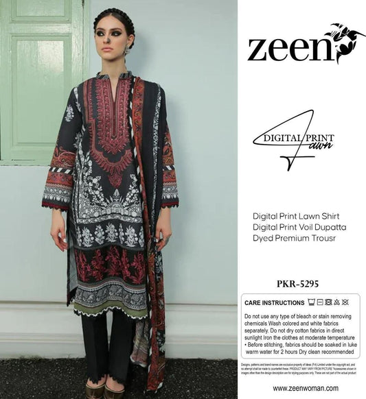 Zeen Lawn 3pc Print Voil Dup (plain trouser)