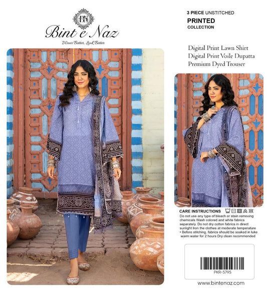 Binte Naz Lawn 3pc Print With Voil Lawn Dup (plain trouser)