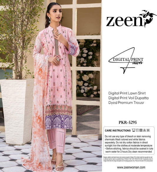 Zeen Lawn 3pc Print Voil Dup (plain trouser)