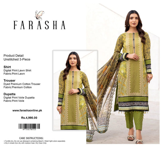 Farasha Lawn 3pc Print Voil Dup (plain trouser)