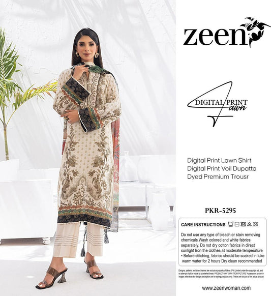 Zeen Lawn 3pc Print Voil Dup (plain trouser)
