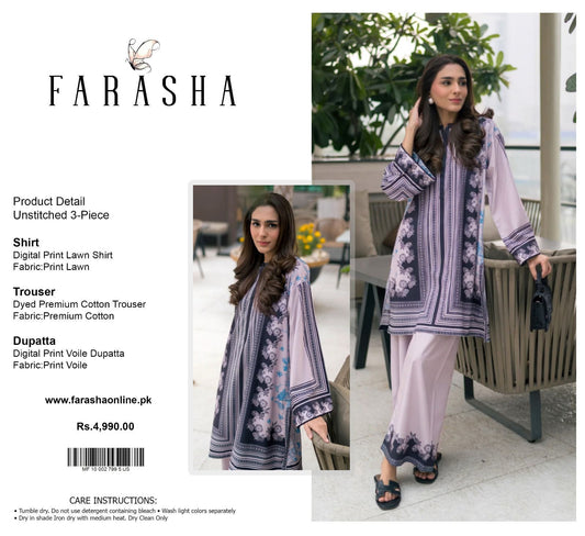 Farasha Lawn 3pc Print Voil Dup (plain trouser)