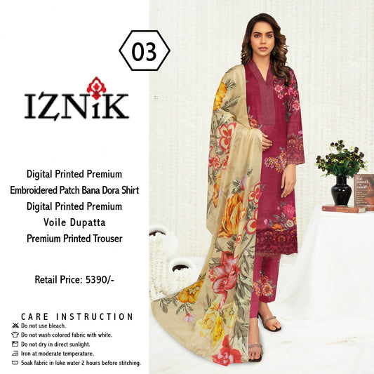 iznik 3pc lawn banadora emroidered daman patch