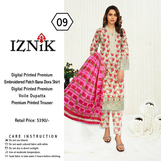 iznik 3pc lawn banadora embroidered daman patch