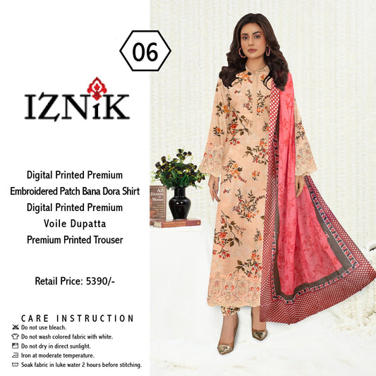 iznik 3pc lawn banadora emroidered daman patch