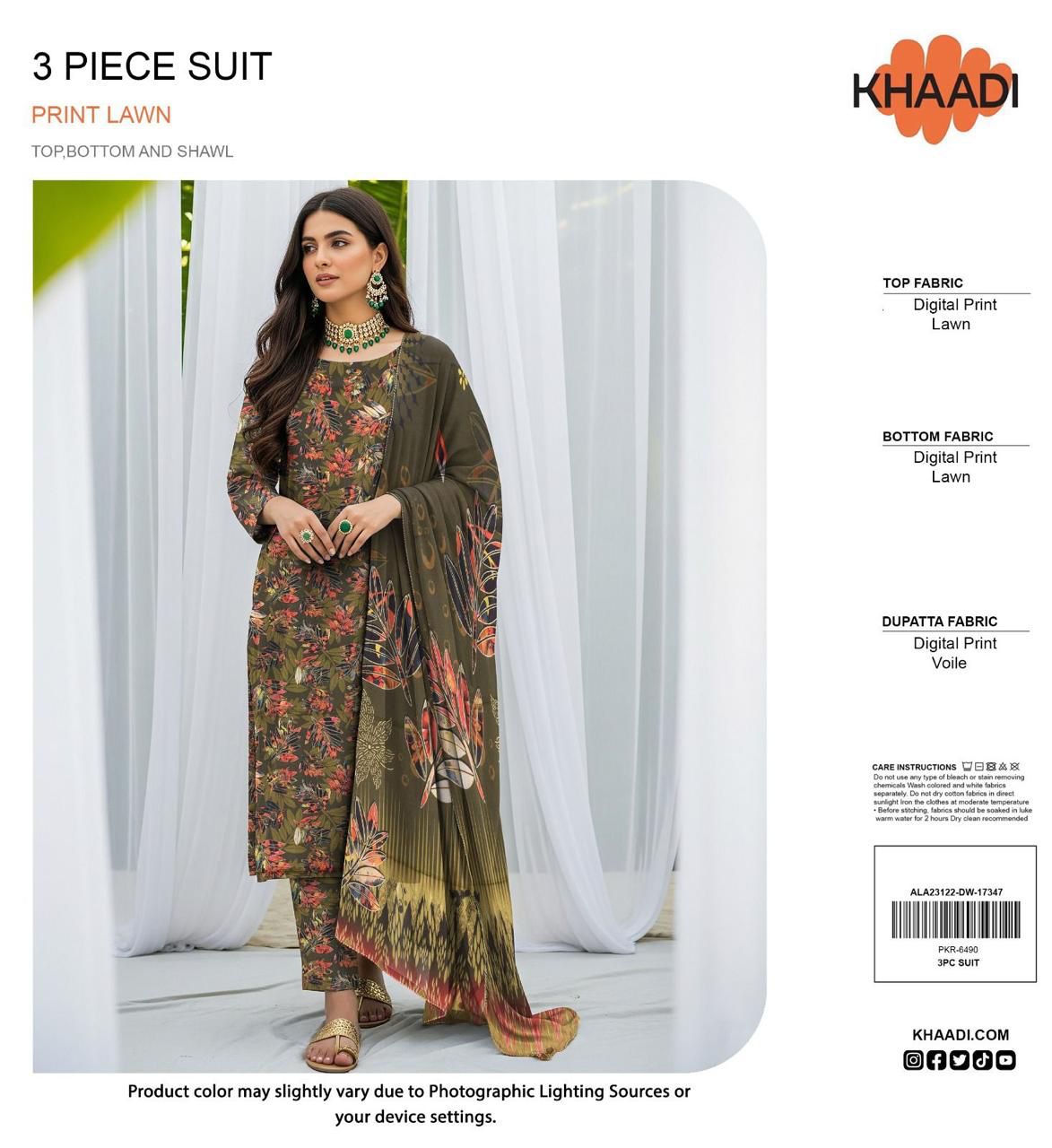 Khaadi Lawn 3pc Printed With Voil Lawn Dup