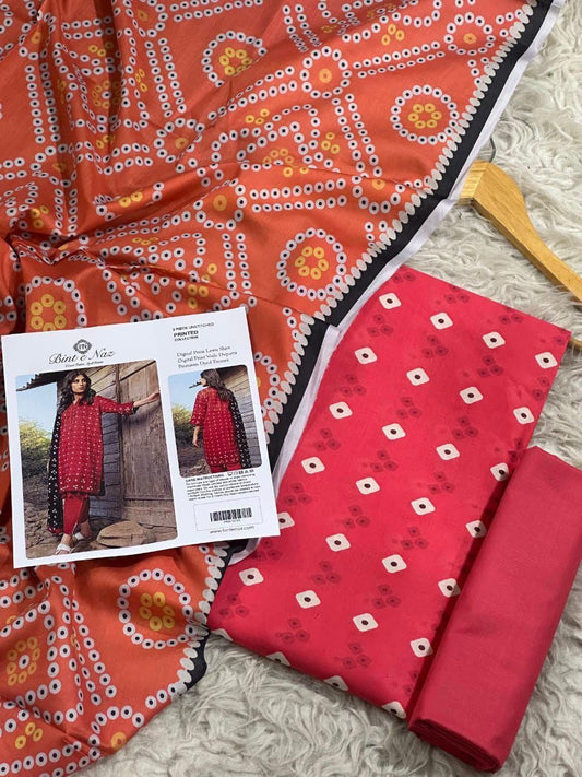 Binte Naz Lawn 3pc Print With Voil Lawn Dup (plain trouser)