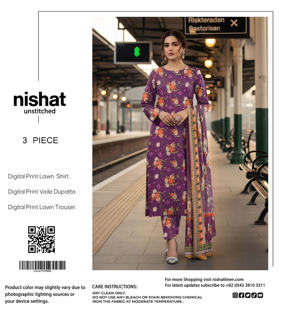Nishat Lawn 3pc Printed With Voil Lawn Dup