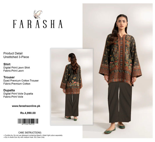 Farasha Lawn 3pc Print Voil Dup (plain trouser)