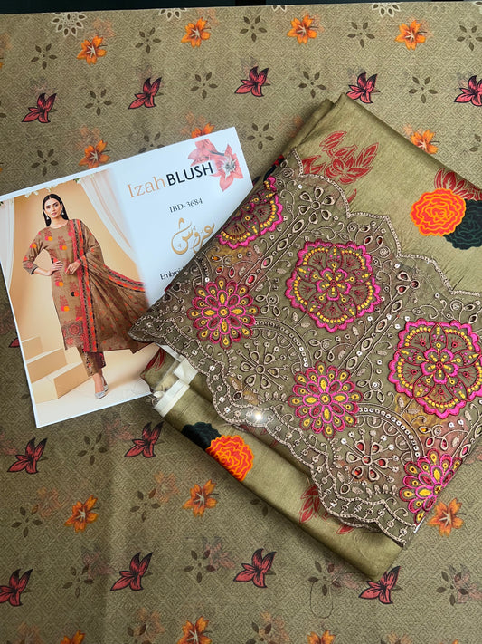 Lawn 3pc chiffon dup Daman+sleeves patch