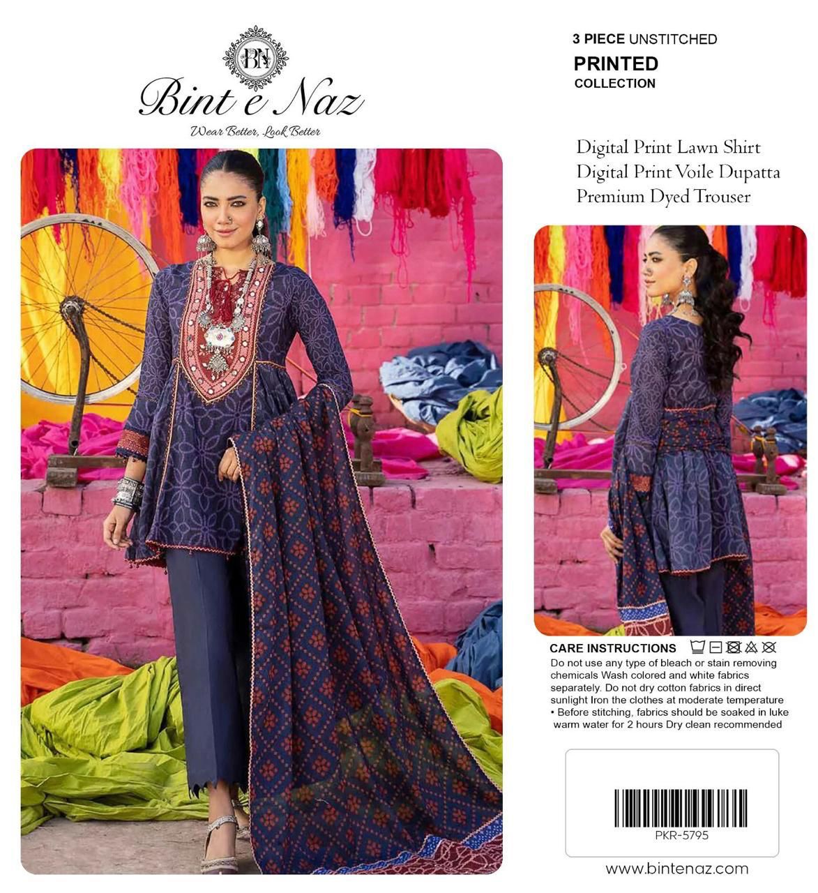 Binte Naz Lawn 3pc Print With Voil Lawn Dup (plain trouser)
