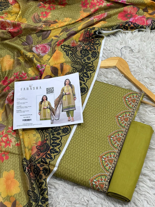 Farasha Lawn 3pc Print Voil Dup (plain trouser)