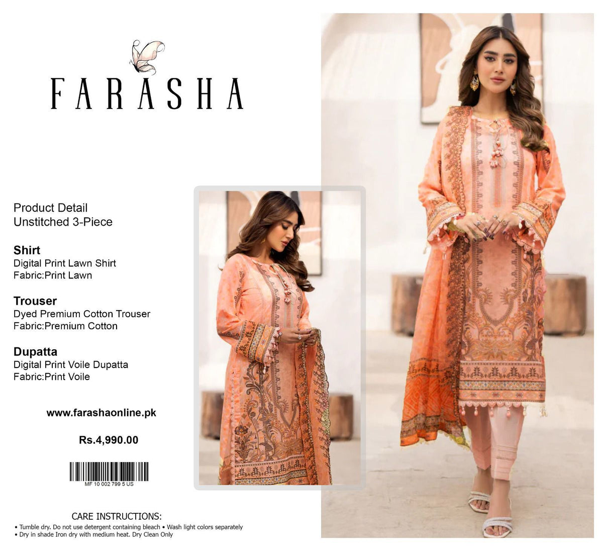 Farasha Lawn 3pc Print Voil Dup (plain trouser)
