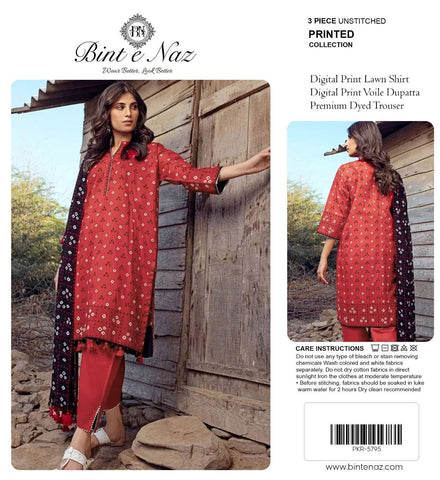 Binte Naz Lawn 3pc Print With Voil Lawn Dup (plain trouser)