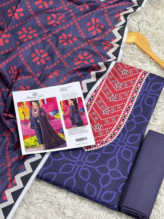 Binte Naz Lawn 3pc Print With Voil Lawn Dup (plain trouser)