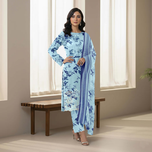 Lawn 3pc chiffon dup Daman+sleeves patch