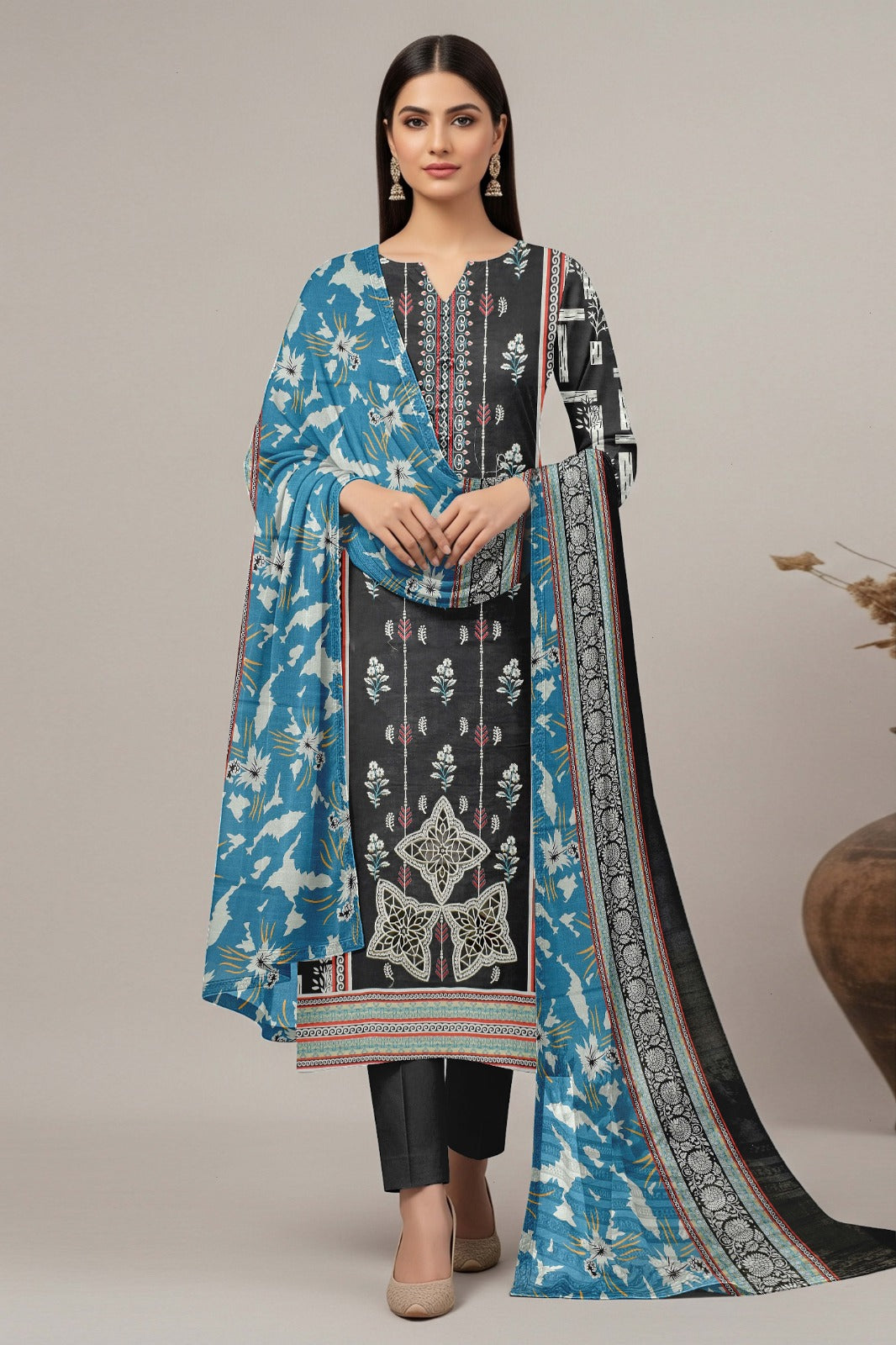 AJ EMB 3PC KHADDAR D-3650