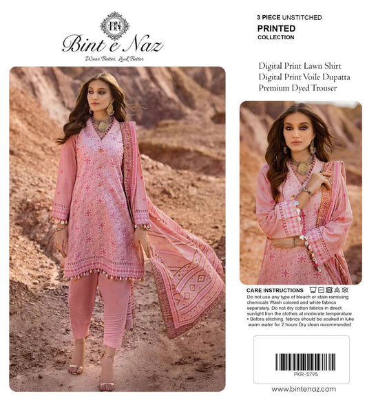 Binte Naz Lawn 3pc Print With Voil Lawn Dup (plain trouser)