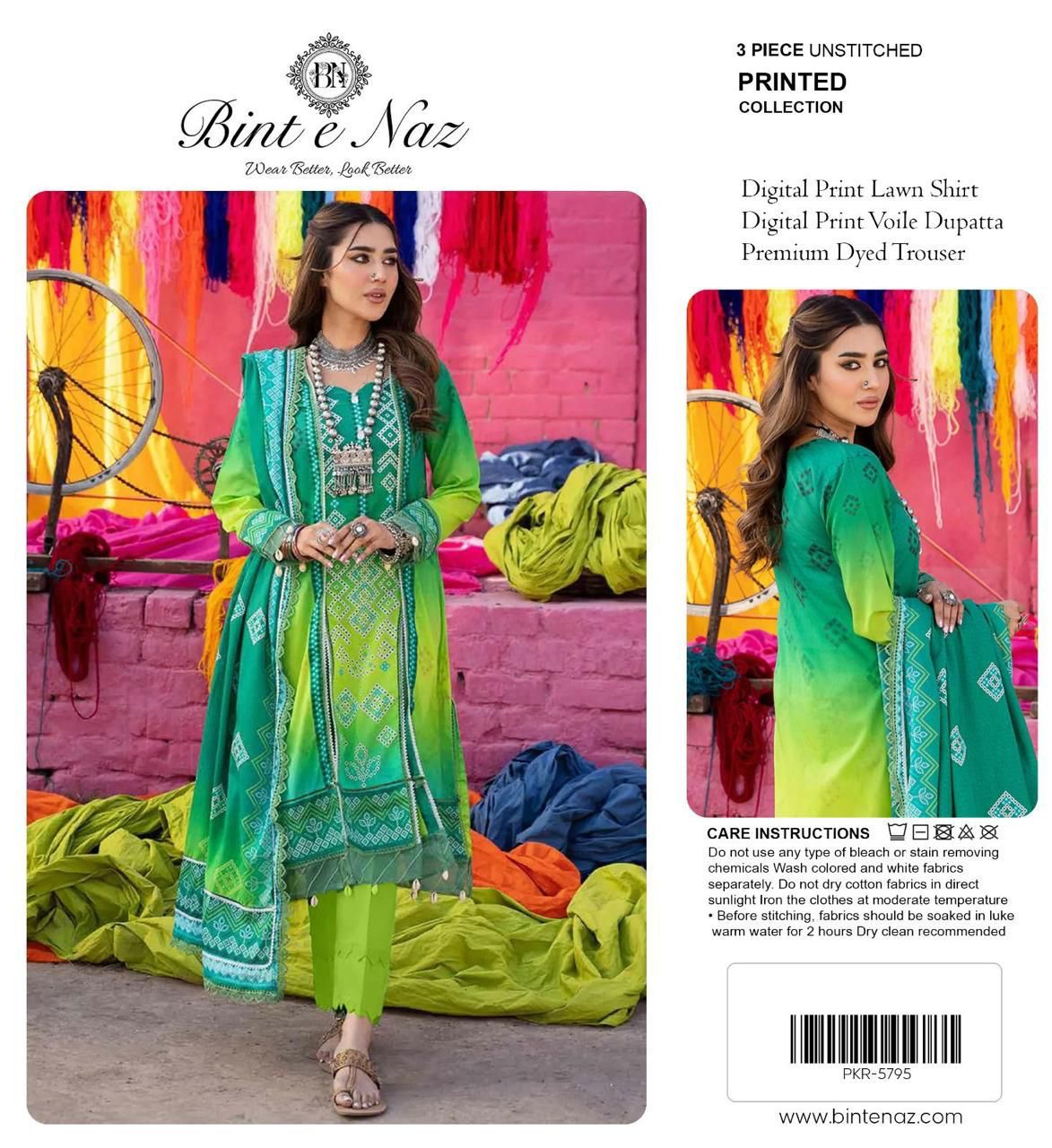 Binte Naz Lawn 3pc Print With Voil Lawn Dup (plain trouser)