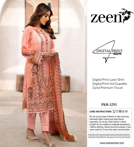 Zeen Lawn 3pc Print Voil Dup (plain trouser)