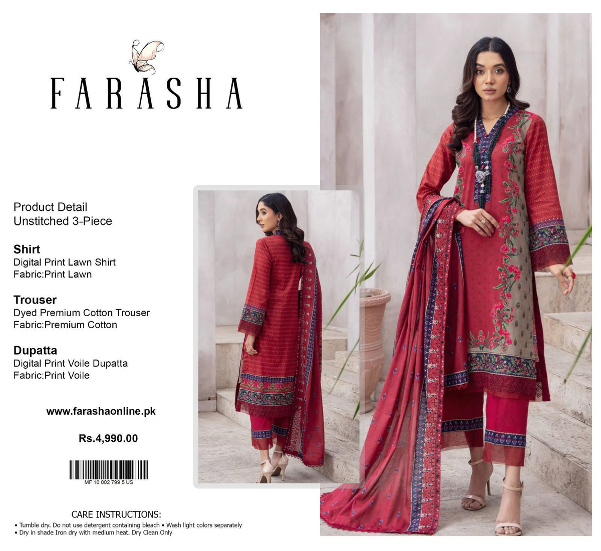 Farasha Lawn 3pc Print Voil Dup (plain trouser)