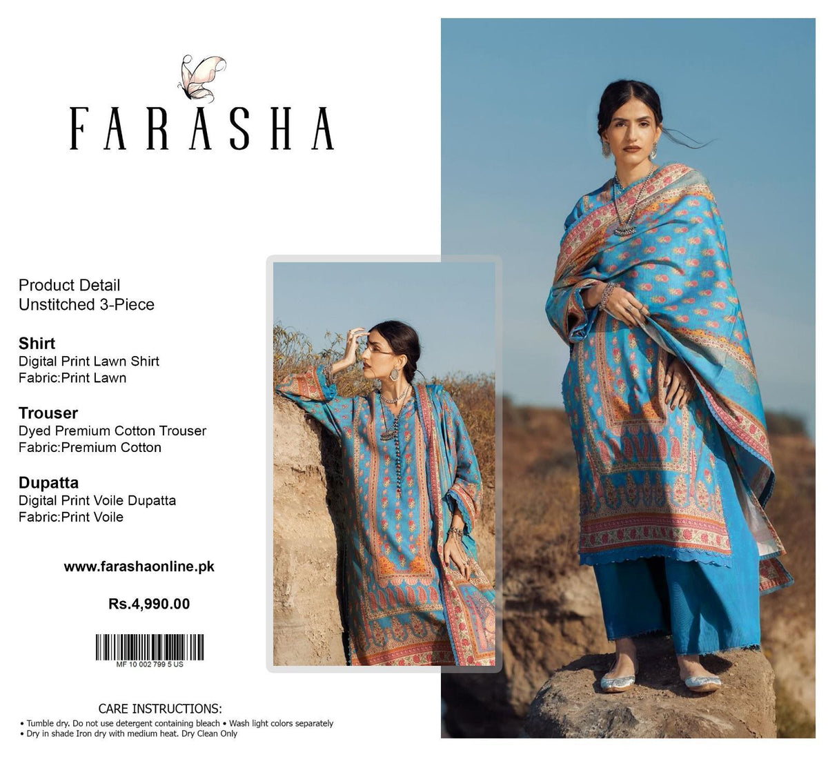 Farasha Lawn 3pc Print Voil Dup (plain trouser)