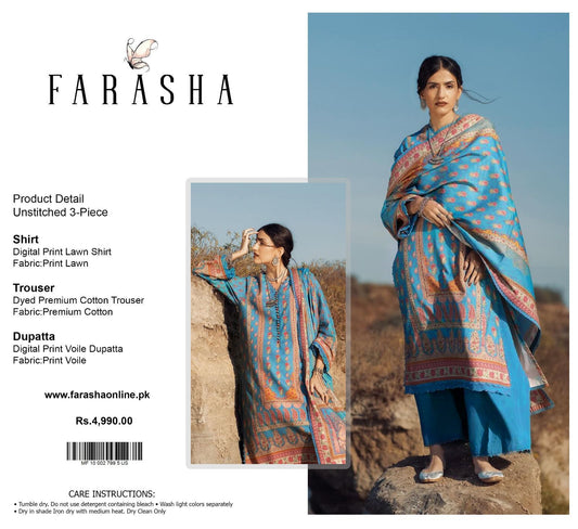 Farasha Lawn 3pc Print Voil Dup (plain trouser)