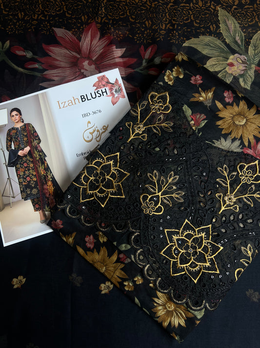 Lawn 3pc chiffon dup Daman+sleeves patch