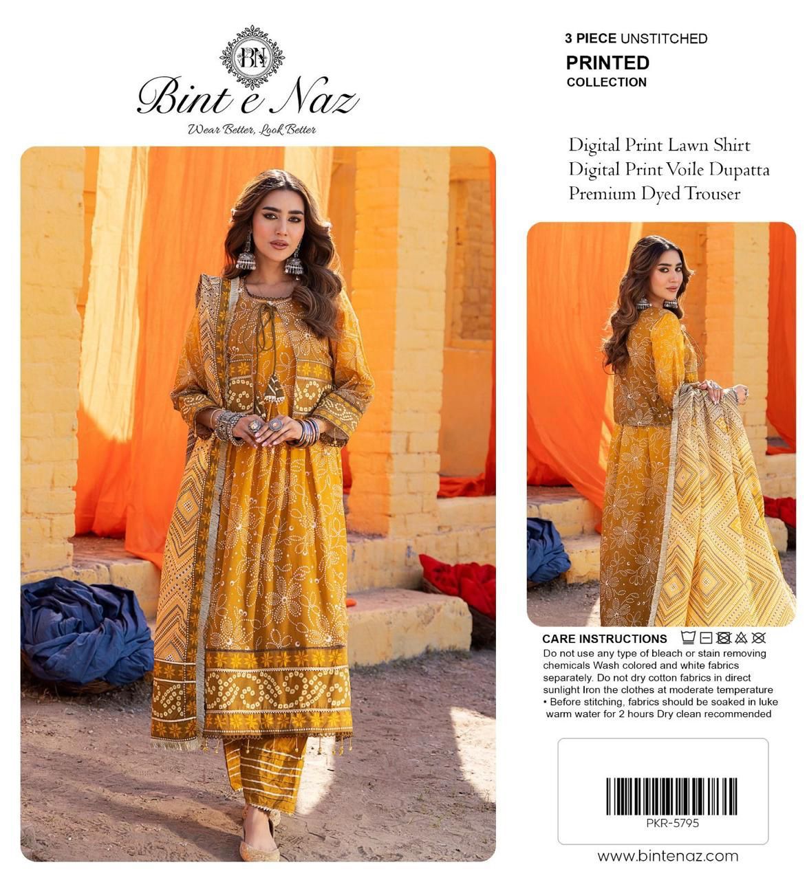 Binte Naz Lawn 3pc Print With Voil Lawn Dup (plain trouser)