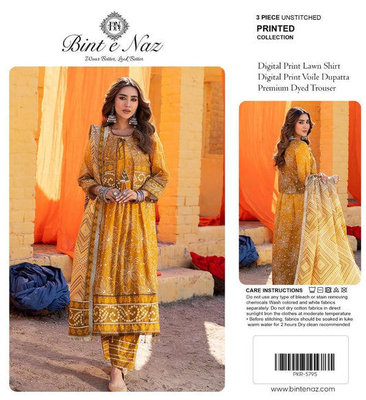 Binte Naz Lawn 3pc Print With Voil Lawn Dup (plain trouser)