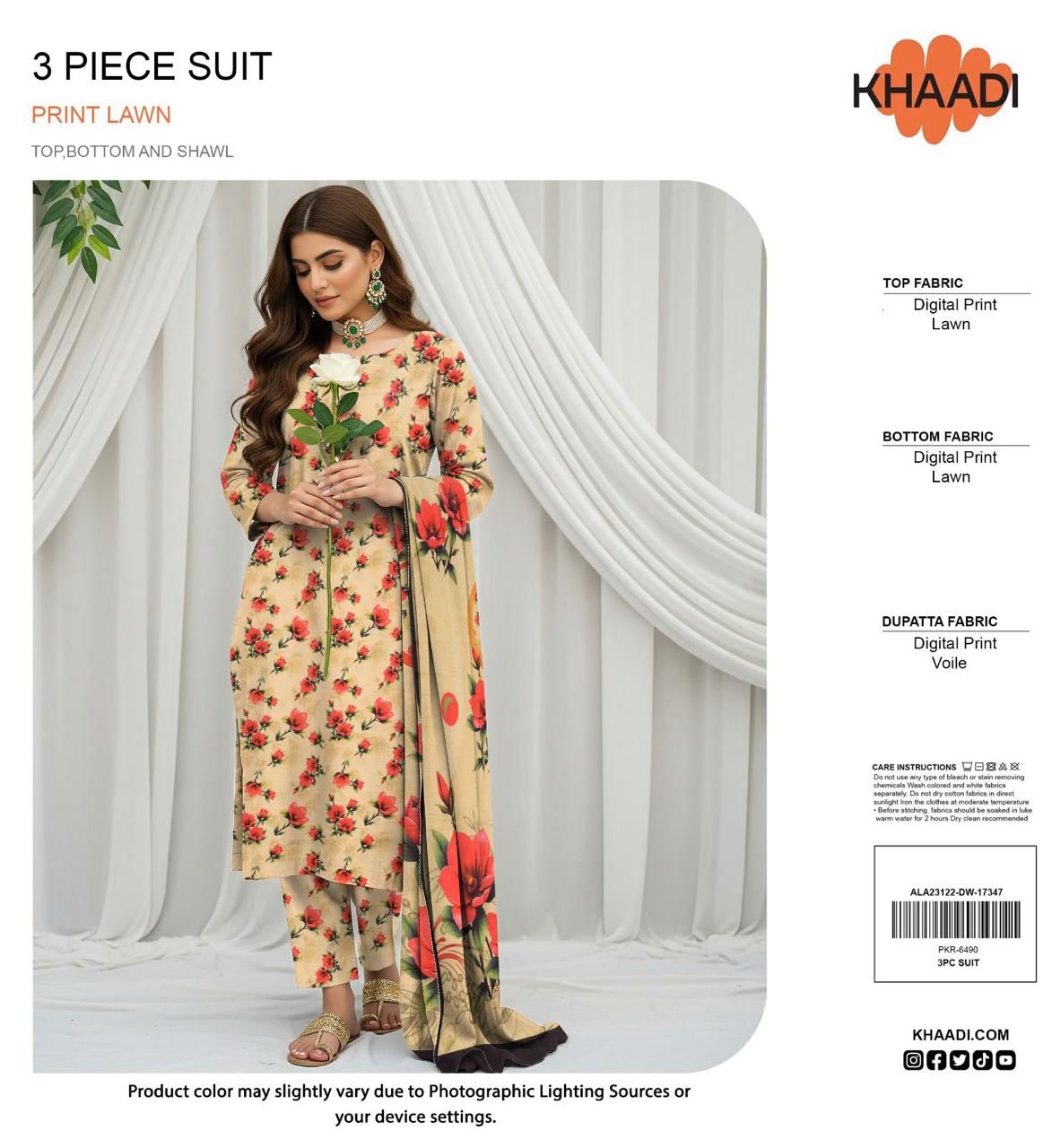 Khaadi Lawn 3pc Printed With Voil Lawn Dup