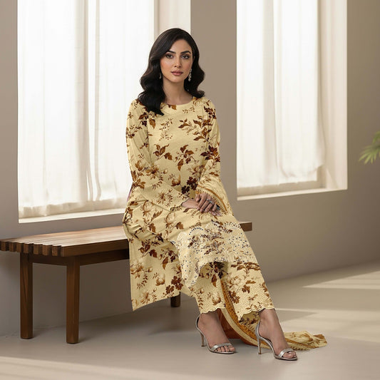 Lawn 3pc chiffon dup Daman+sleeves patch