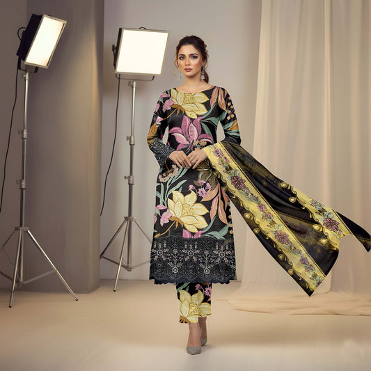 Lawn 3pc chiffon dup Daman+sleeves patch