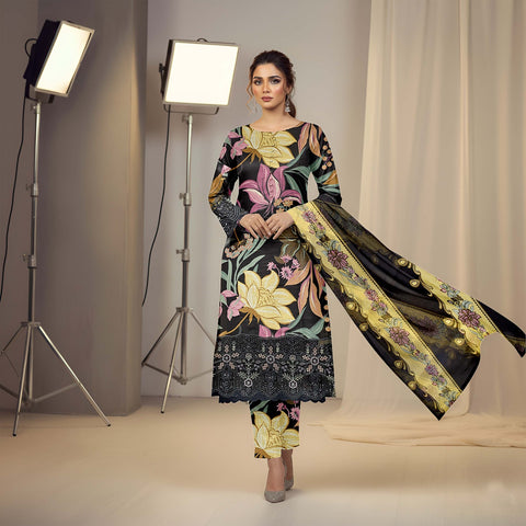 Lawn 3pc chiffon dup Daman+sleeves patch
