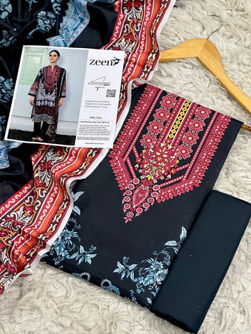 Zeen Lawn 3pc Print Voil Dup (plain trouser)