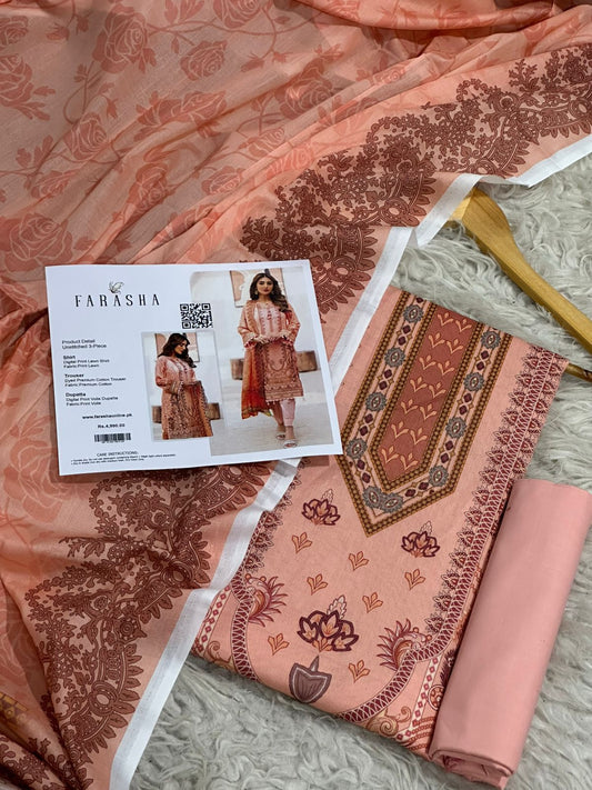 Farasha Lawn 3pc Print Voil Dup (plain trouser)