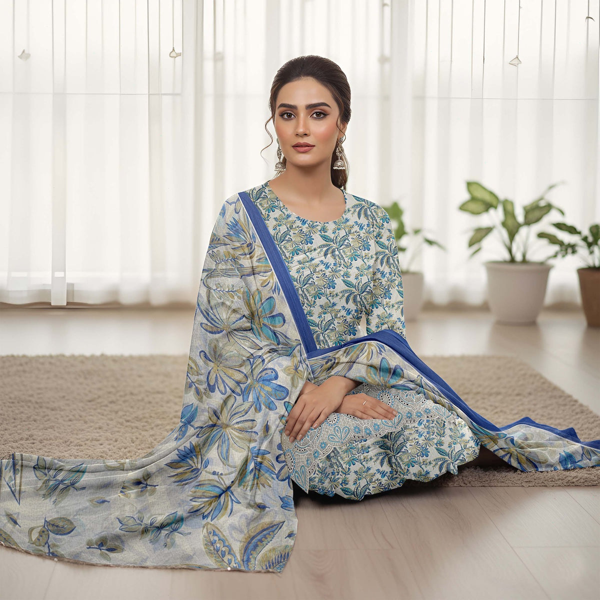 Lawn 3pc chiffon dup Daman+sleeves patch