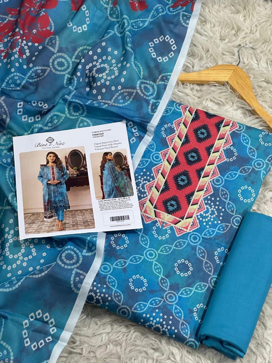 Binte Naz Lawn 3pc Print With Voil Lawn Dup (plain trouser)