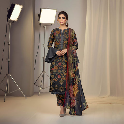 Lawn 3pc chiffon dup Daman+sleeves patch