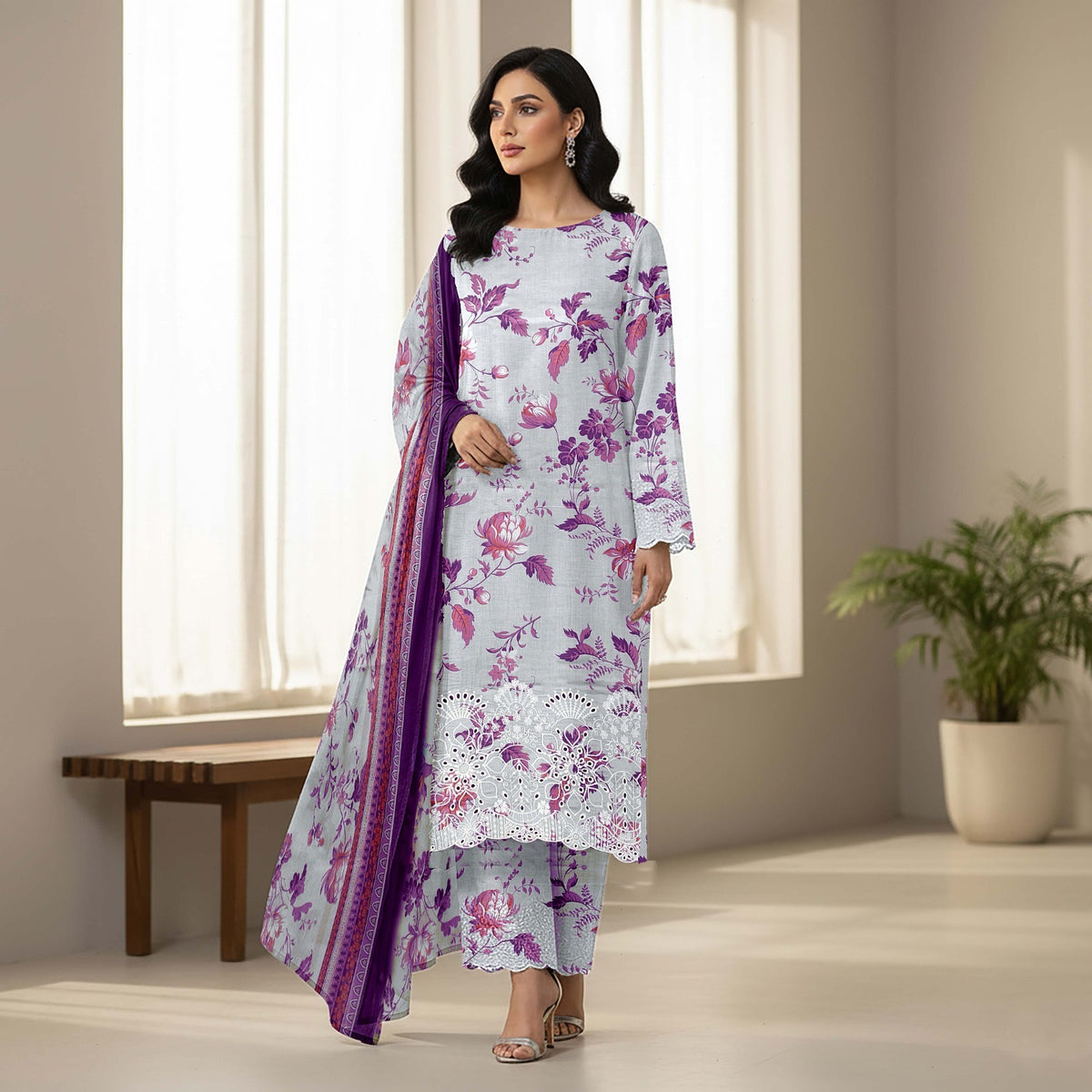Lawn 3pc chiffon dup Daman+sleeves patch