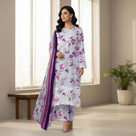 Lawn 3pc chiffon dup Daman+sleeves patch