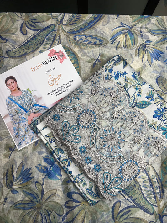 Lawn 3pc chiffon dup Daman+sleeves patch