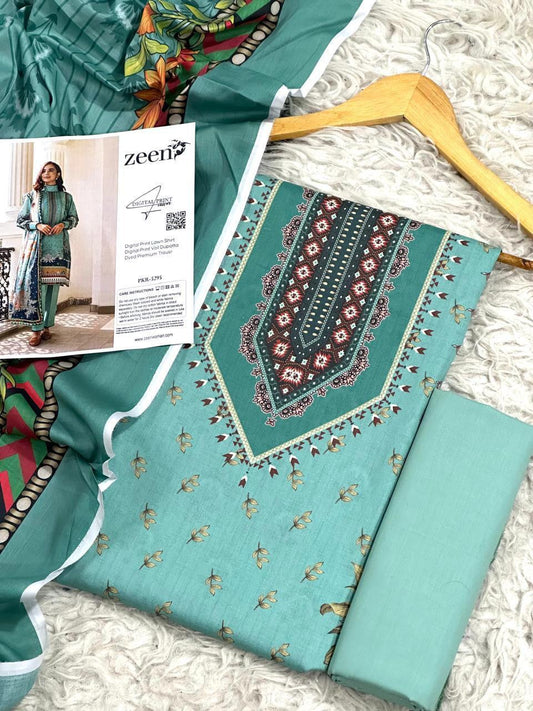Zeen Lawn 3pc Print Voil Dup (plain trouser)