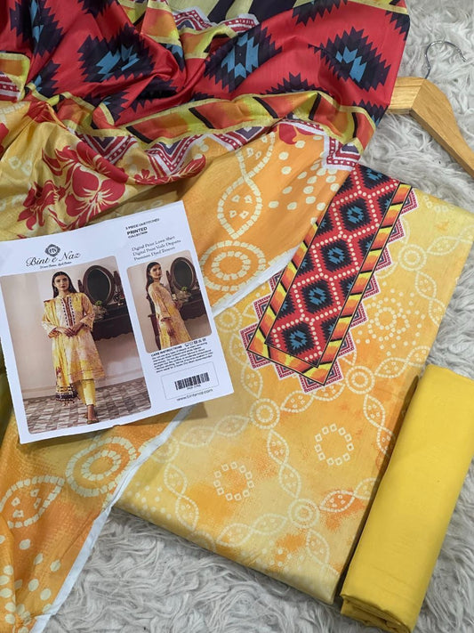 Binte Naz Lawn 3pc Print With Voil Lawn Dup (plain trouser)